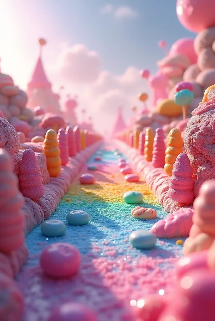 a rainbow bridge made of candy, 3d, hyper realistic, ultra-detailed, (best quality,4k,8k,highres,masterpiece:1.2),ultra-detailed...