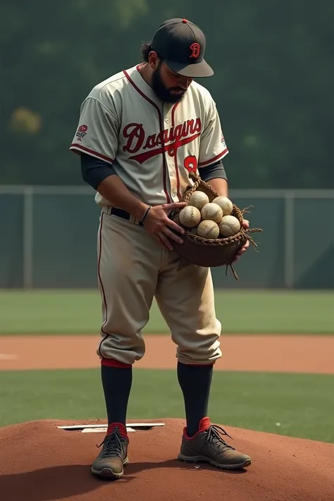 I want an image of an exhausted pitcher with a bag of baseballs.