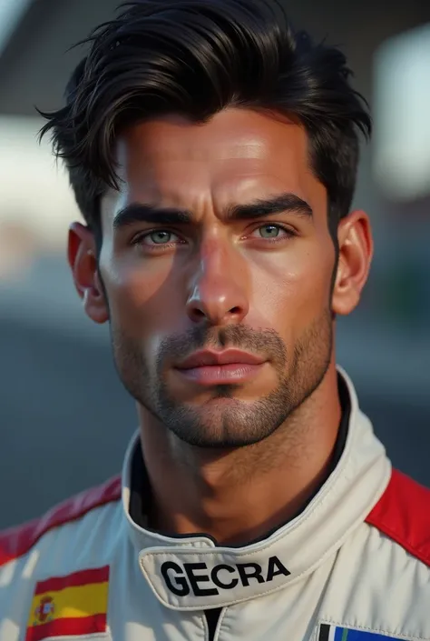 Photorealism,  handsome man with strong chin line and perfect nose like a Greek god, dark hair, stunning and captivating blue eyes, wears a rally uniform as a driver. Spaniards