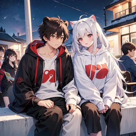  male and female couples、
The man on the right wears a black bear ear hoodie and has short hair, mocha brown 、
 The woman on the left wears a white cat ear hoodie and has long hair in a mix of black and red、
Woman sits on man、
A woman is staring at a man f...