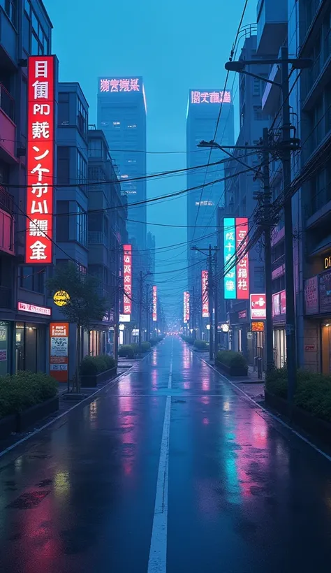 there is a wide road picture by Alena Aenami, unsplash, conceptual art, japanese cyberpunk street, beautiful dusk, anime background art, japanese town, japanese city, beautiful anime scene, style of alena aenami, blue hour, anime style , Tokyo Japan, mixed...