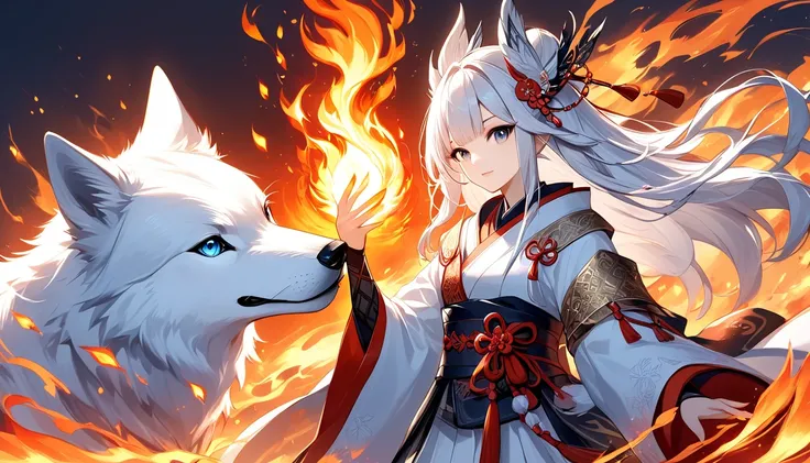   digital art  、 Poster Designs 、Onmyoji、The White Wolf Who Manipulates Fire,Fire effect、cool description 、# magic 