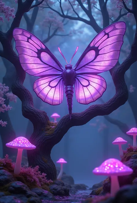 A giant luminescent purple alien moth with luminescent purple buds on a giant luminescent purple tree with luminescent purple mushrooms surrounding it 