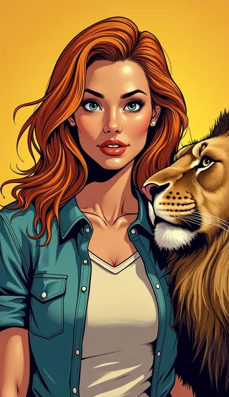 DISCREET image. with discreet casual clothes. image adult woman, american, comic book style. surprised. with a discreet smile. IMAGES WITH VIBRANT COLORS. SHE IS LION, WITH A LION AT SIDE. FOCUS ON THE FACE.