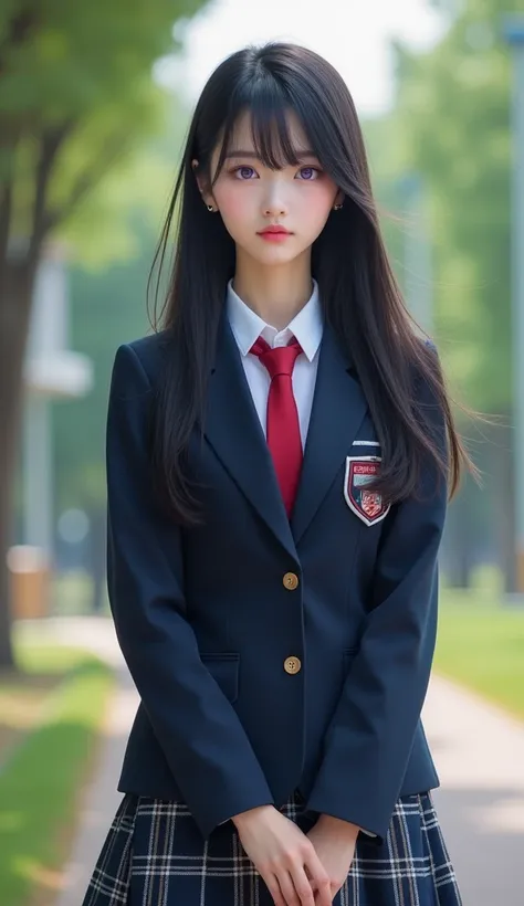  Realistic photograph in Ultra HD 8K of an impressive young woman of about 1. It has an elegant look .,  Of a slim build and long build .,  straight black hair and captivating lavender eyes .  she is dressed in a school uniform ,  It consists of a navy blu...