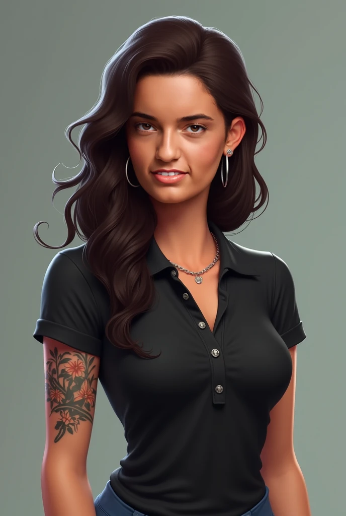 Create a 3D character of a woman with dark brown hair and a medium skin tone. She has a tattoo on her right arm and is wearing a black polo shirt. The woman should have a confident and strong posture, with a casual and stylish appearance. The focus is on h...