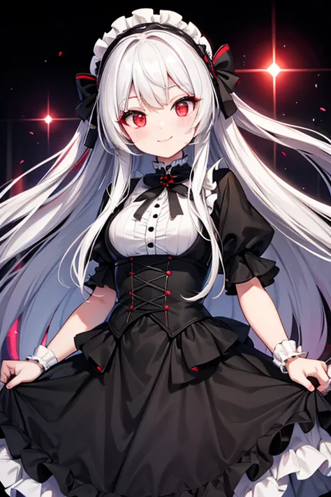 1 Pretty Girl Robot 　Shows up to the waist　 white long hair　Red eyes　 bright smile　 White and Black Gothic Lolita Outfit