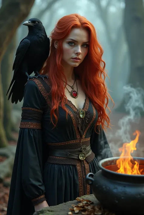 a beautiful witch , bela , mysterious, with red hair, with a crow and a cauldron, very powerful
