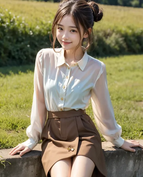 pretty girl , bun hair, brown hair,delicate,smile,masterpiece,field, long-sleeved blouse