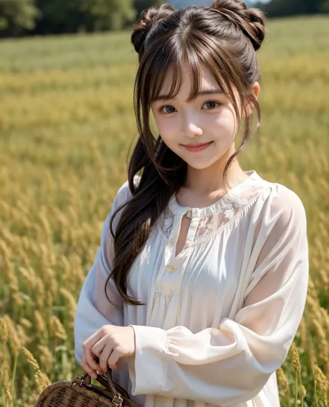 pretty girl , bun hair, brown hair,delicate,smile,masterpiece,field, long-sleeved blouse