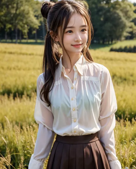 pretty girl , bun hair, brown hair,delicate,smile,masterpiece,field, long-sleeved blouse