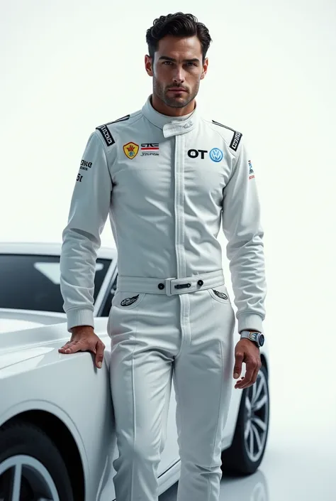 Photorealism,  handsome man with strong chin line and perfect nose like a Greek god, dark hair, stunning and captivating blue eyes, wears a rally uniform as a driver. Tall with car on white VW scaravaios , Spaniards