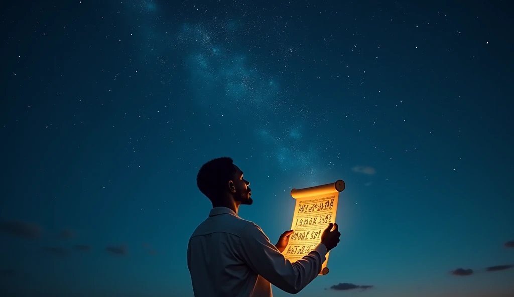 A night-time scene of a lone man (African descent, in his early 30s, with short black hair and dark eyes) standing under a vast, starry sky, gazing up at an open scroll filled with symbols. The sky is filled with cosmic energy and vivid stars, while the sc...