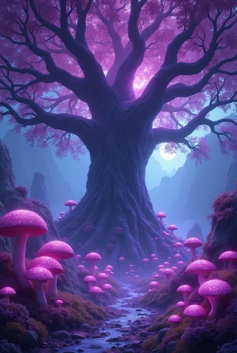 a giant luminescent purple tree with luminescent purple mushrooms surrounding it and ants Luminescent purple Aliens on the ground 