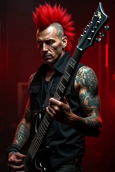 The red-eyed mohawk guy with the metal guitar in the background, a dark place with red and black themes.