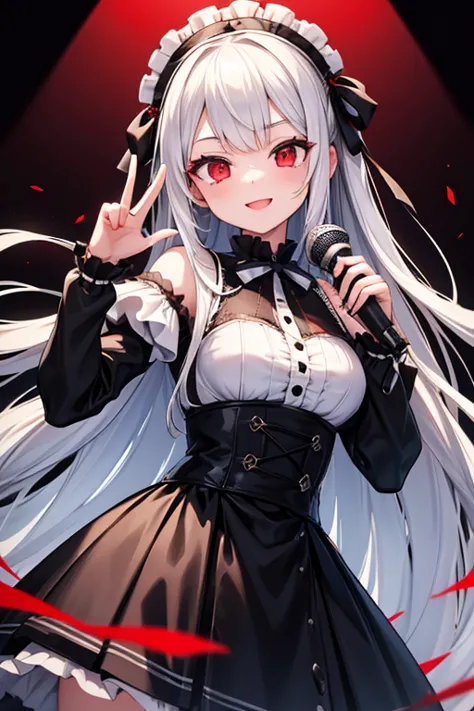 1 beautiful girl with pieces 　shows up to the waist　 white long hair　red eyes　 bright smile　 white and black gothic lolita outfi...