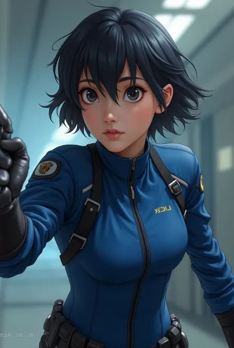  as a young woman with short dark hair ,  with sharp eyes and a decisive expression . She would wear the Blue Lock ,  uniform adapted to highlight her agility ,  and would always have a posture ready for attack. 

