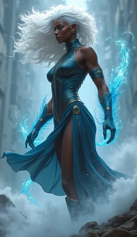 storm (Ororo Munroe),  in an ultra-realistic view , she would be a powerful and elegant character, with a majestic presence that reflects her connection to the elements of nature and her heritage as a leader and warrior. Here is how she could be visualized...