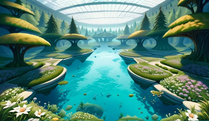 A verdant green land filled with rolling hills and lush thickets, fantasy landscape of a lake hidden in a field of trees and flowers, an ancient temple lays beneath the waters of the lake, (((half above and half below the water:2)))