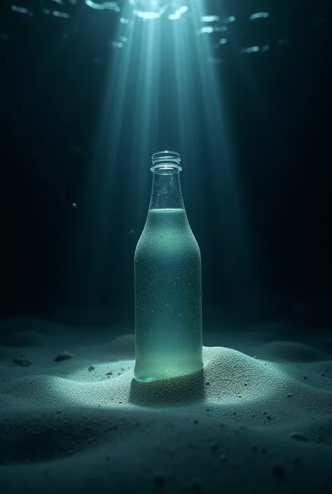 A drink bottle stuck in the sand in the dark at the bottom of the sea and the light is shining