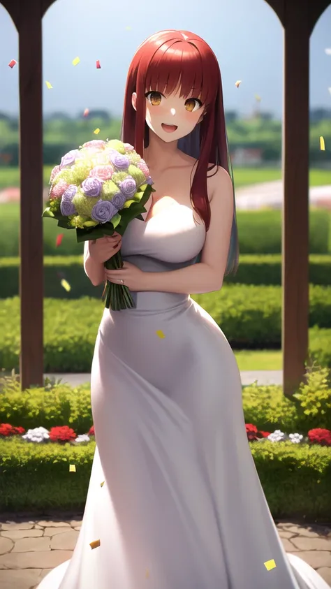 masterpiece, best quality, highres, girl, solo, looking at viewer, Shirou Emiya, Red hair, Brown Eyes, large breasts, wedding dress, standing, garden, confetti, holding bouquet, smile, open mouth,