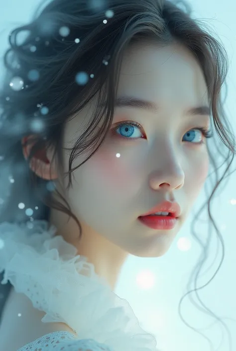 a Korean woman,with blue eyes,white curly hair,thin,angelic face and delicate features. 