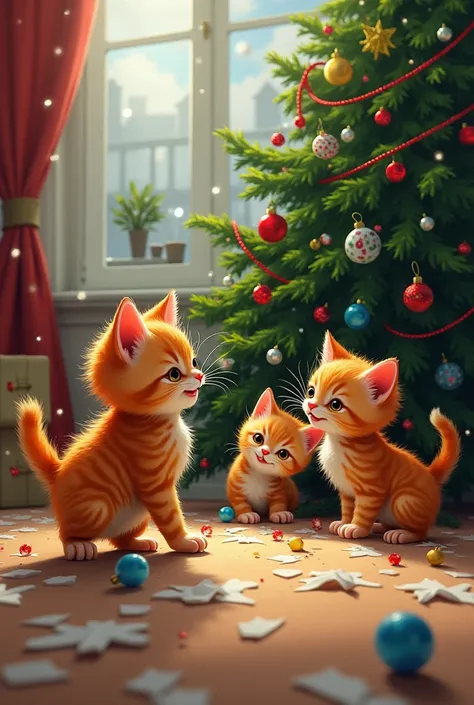 3 mischievous red-haired kittens knocked down a Christmas tree
