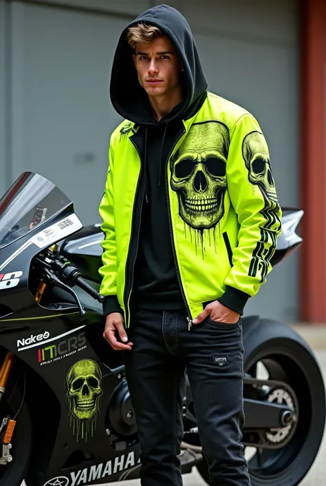 27 year old man wearing neon skull hoodie jacket with black jeans next to a Yamaha racing motorbike with human skull livery 