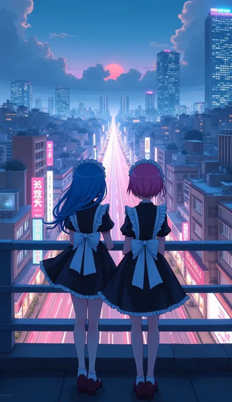 Rem and Ram from Re:Zero Looking at the street from guardrail 
on a flyover , unsplash, conceptual art, japanese cyberpunk street, beautiful dusk, anime background art, japanese town, japanese city, beautiful anime scene, blue hour, anime style , Tokyo Jap...