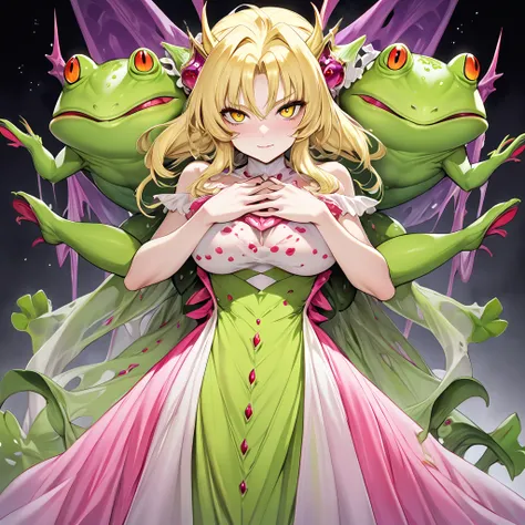 The woman from The Devils Queen in the Ugly Frog Monster is blonde Fate Testarossa, wears a dress with mucous membranes from The Devils Queen of Frogs, and her hands and feet become frogs, and her body completely becomes a frog devil, and is reborn as a fr...