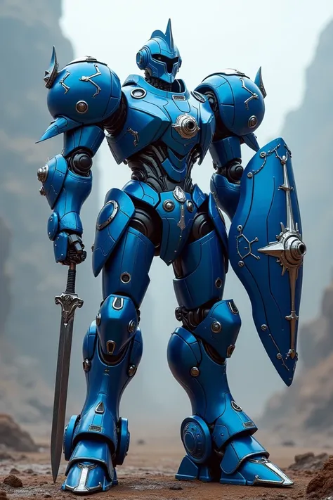  blue mech armor , with silver and white details   ,with sword  , shield and scifi knight helmet 