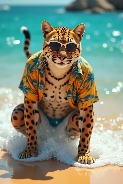 Humanoid leopard ,  about to jump into the sea ,  wears crystal sunglasses, a beach shirt and white shorts,  enjoying a sunny day at the beach 