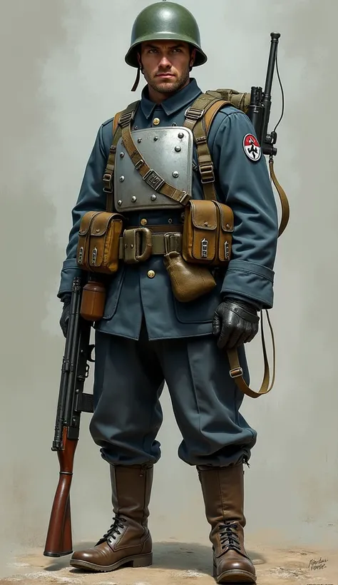 German paratrooper soldier .. 20th Century .  Blue and Gray Military Uniform. submachine gun.  brown military boots .  Metal chest protection plate. Green helmet.