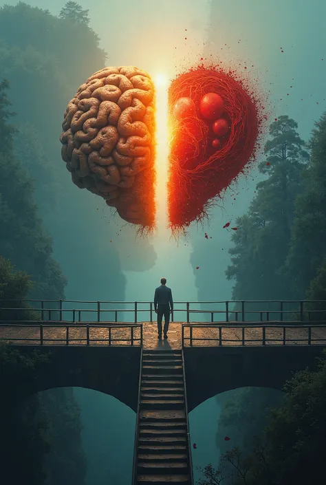  seen from above, of a person walking in the middle of a bridge ,  where one side represents a brain and the other represents a heart 