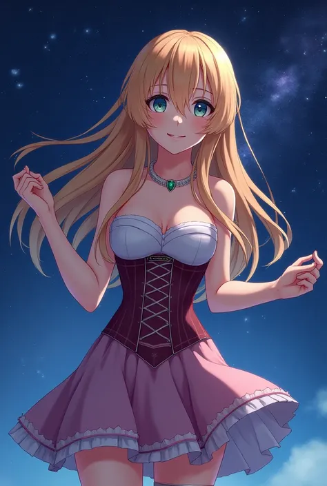 (Art board, Best quality:1.2),  Cowboy Shot , Alone,  one girl, Sheryls name , Smiling, closed mouth,  looks at the viewer,  Strapless, corset,  applied skirt ,  long socks , Bare shoulders, Outer space, star (sky)