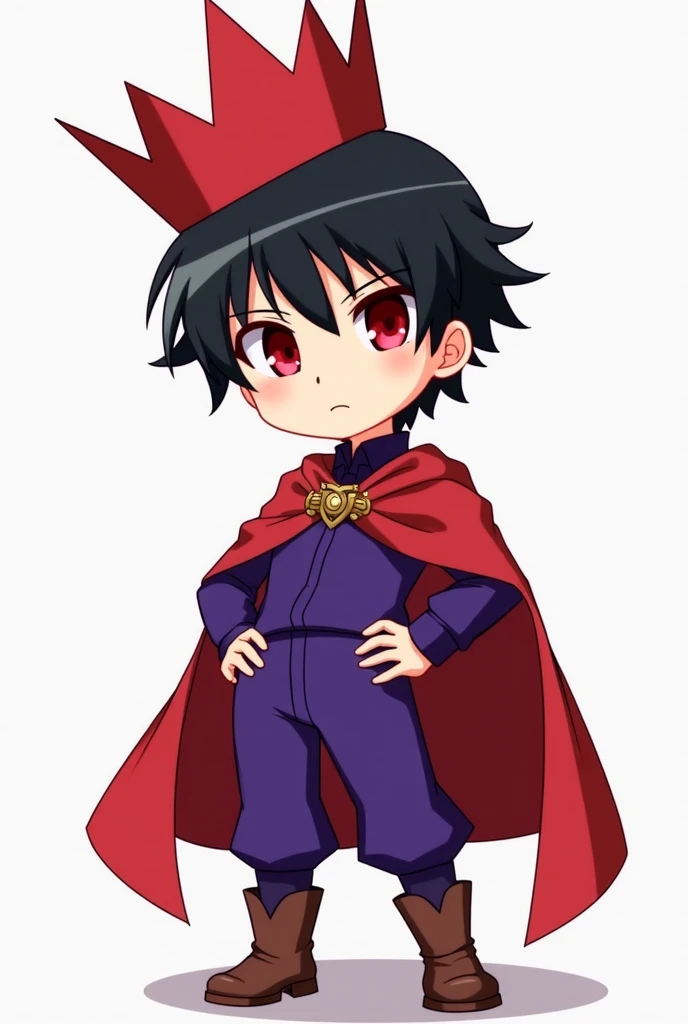 Anime art of a short man with short black hair and a red crown on his head. He wears a royal purple shirt and pants and brown boots. He has a red cape. His eyes are completely red and shaded by shadows. He looks very cartoonish.