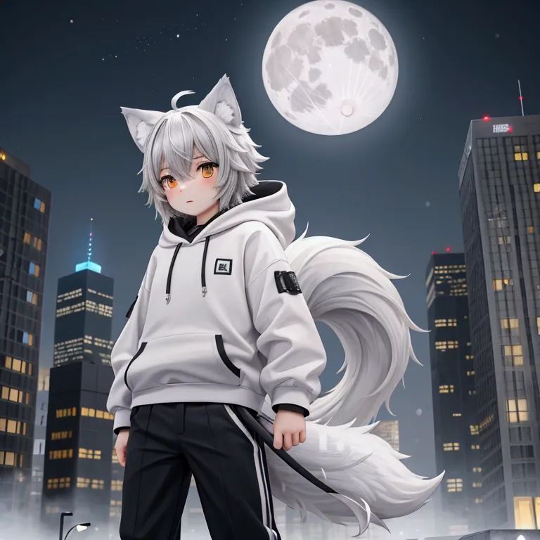 a teenaged boy, light gray colored wolf ears and tail, overfit white hoodie and black pants, white snickers, modern city backgro...