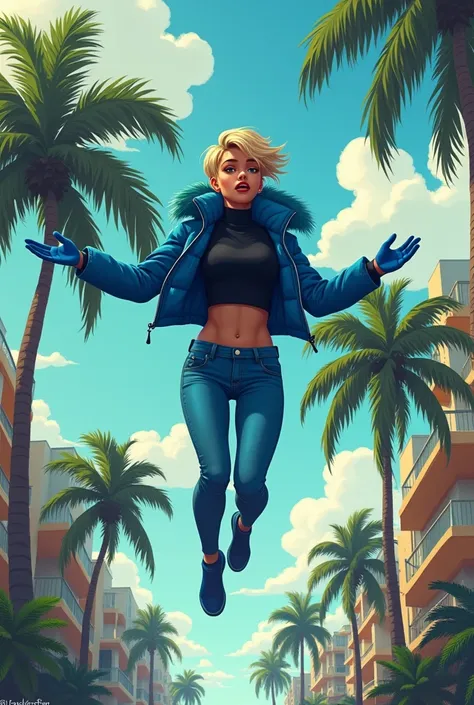 ((fullbody falling girl)), ((shocked)),((fall)), on the street in tropic, street, tropical street, palm trees,  arm extended forward,((falling girl in Blue zipped up down winter jacket and black turtleneck )) and (jeans) and blue gloves and (((blue winter ...