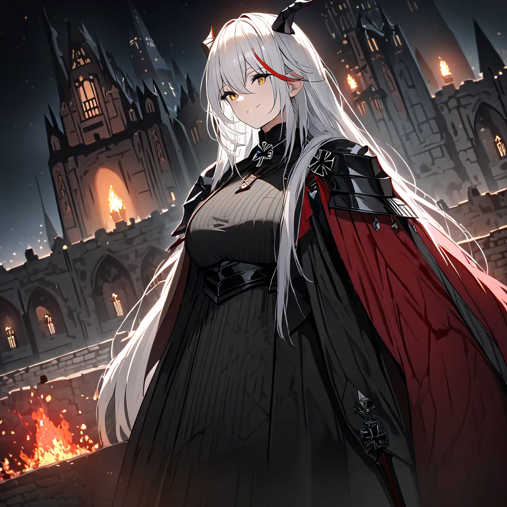 A woman wearing black heavy armor, black metal bracelet, black metal boots, horned shoulder pads, wearing a red fur cape, iron cross necklace on her neck, big breasts, smiling, perfect face, holding a red sword with flames, black metal gloves, white hair, ...