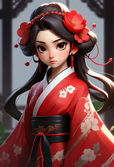 Anime girl with a red and black dress and red flowers in her hair.,  artwork in the style of Guweiz , guweiz, Chinese girl, trending on cgstation,  Beautiful anime waifu in a nice dress, Guweiz on Pixiv Artstation, palace ， a girl in hanfu,  Beautiful digi...