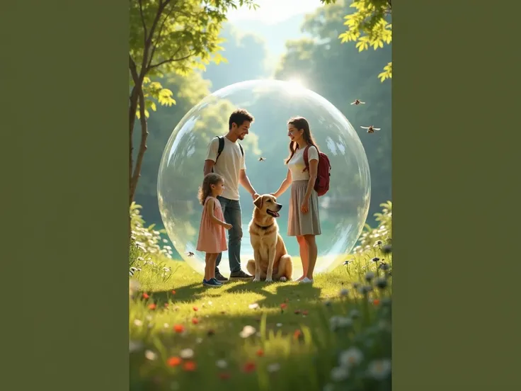 It generates a realistic image of a family and their pet in nature ,  around them, a bubble that prevents mosquitoes or mosquitoes from entering., Emphasize enough Aedes Egypti mosquitoes that look big