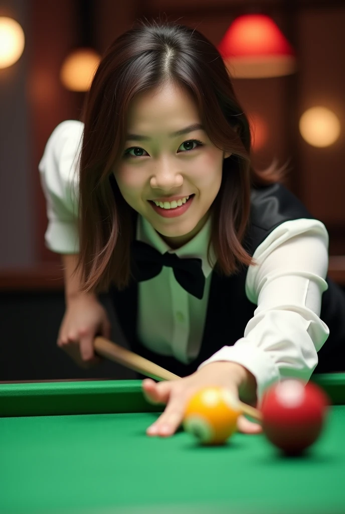 Canon eos photography, Masterpiece, 8k.uhd., realistic, High resolution, Solo, A Beautiful Asian woman, bright skin, 26 years old, medium brown hair, athletic body, large breasts, friendly face, big eyes, playing snooker, wearing a white long-sleeved shirt...