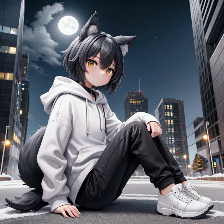 a teenaged boy, dark gray colored wolf ears and tail, short hair, overfit white hoodie and black pants, white snickers, sitting ...