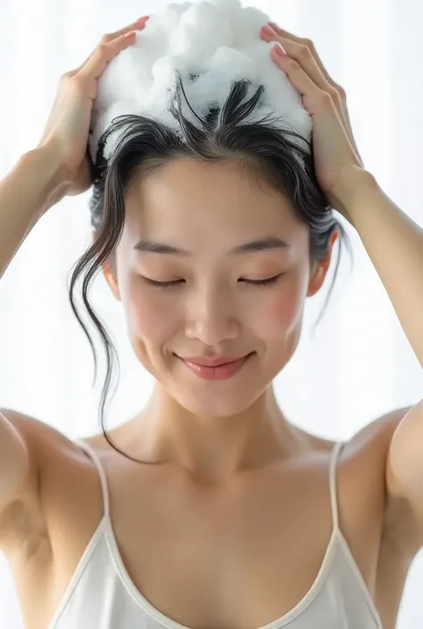  Create an Asian middle-aged beauty ，Wearing a white satin bathrobe，Scratching the scalp with both hands，Wash your hair with both hands on your head ，There&#39;s a lot of foam on my head，Bubble Wrap Head，Realistic bubbles，The expression looks happy， upper ...