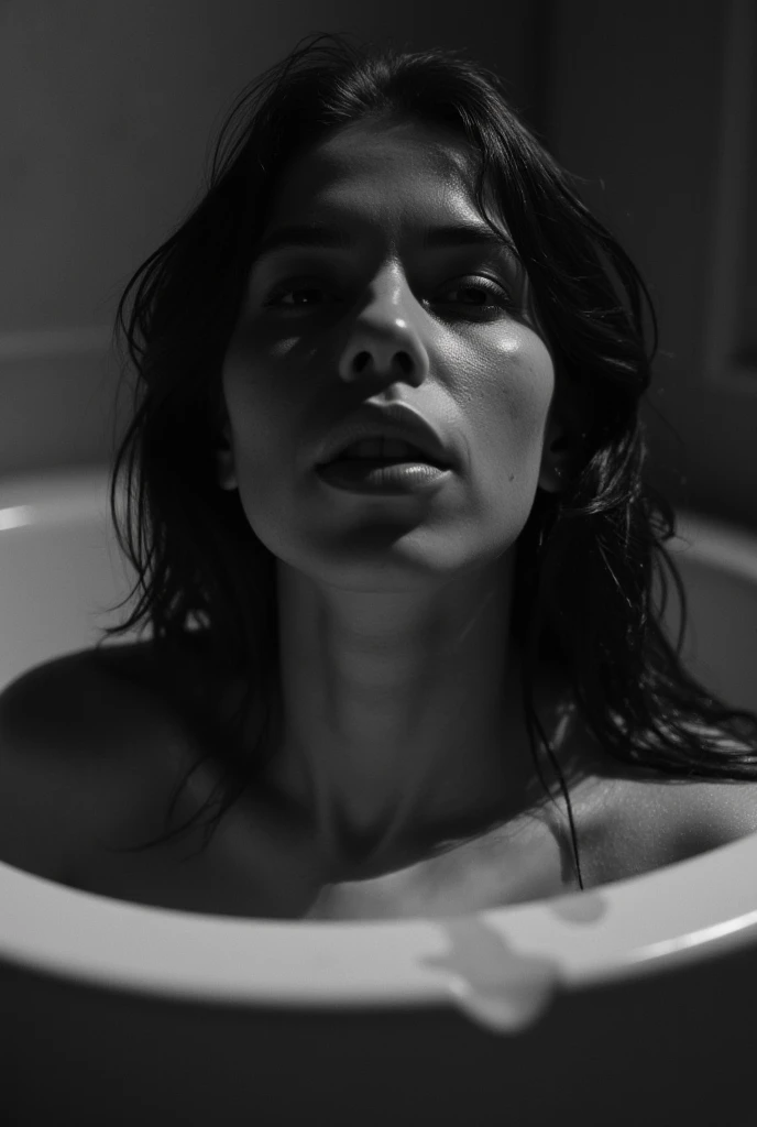 black and white photography, a Brazilian woman lying in a bathtub, wet hair, only shoulders and face are visible, looking away from the camera, expressions evoking a sense of vogue and fashion magazine ,highly detailed character, dramatic atmosphere, centr...