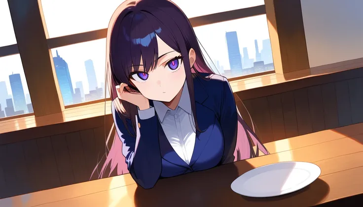 score_9, score_8_up, score_7_up, best quality, 1 lady, solo, black long hair, purple slant eyes, staring, table, white collared, sitting, good posture, facing viewer, look at viewer, plate, wooden floor, window, city