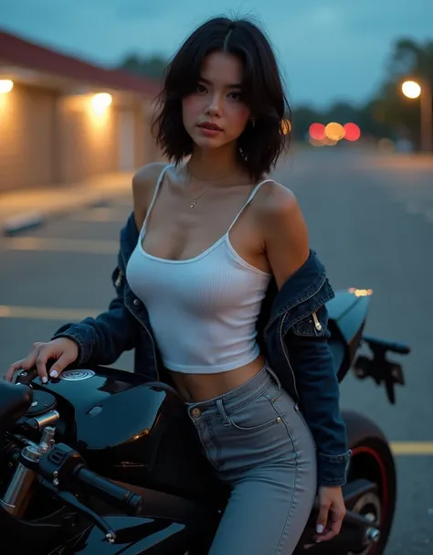 girl, fine features, soft features, sexy body,  big breasts, Amber eyes, light skin,  black hair ,  Straight hair ,  short hair,  tight pants , grey pants, white shirt, tank top, denim jacket, black jacket, white tennis shoes,  smiling,on a motorcycle, spo...