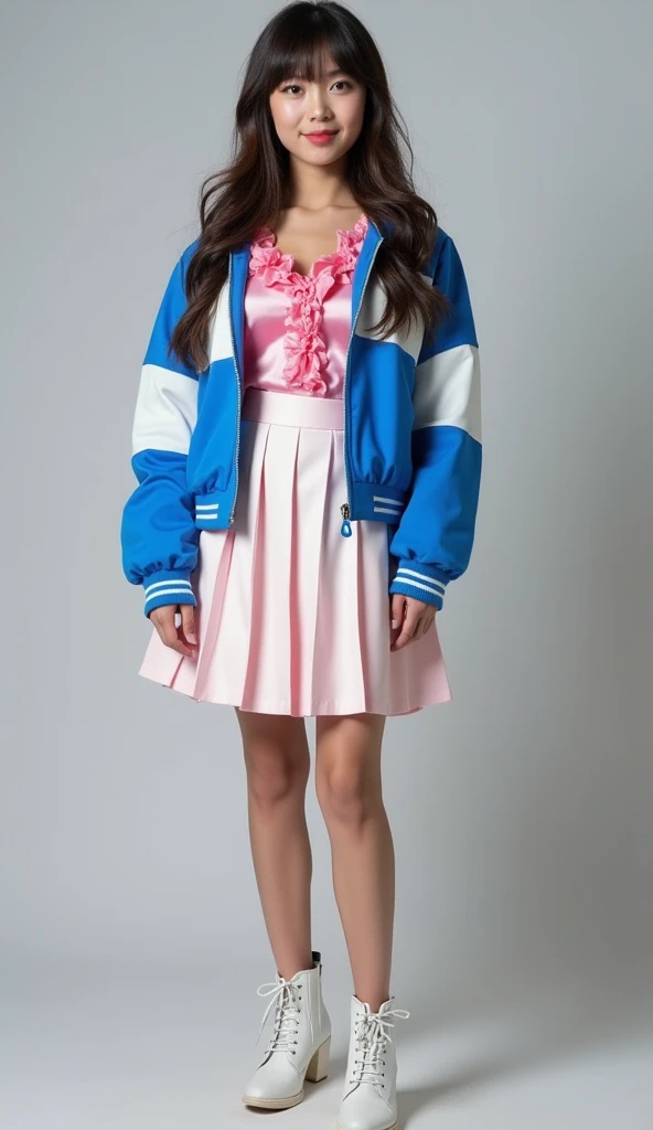 Costume like a idol, blue and white half sleeve Jacket, pink satin ruffled blouse, White and pink stripe pleated skirt, white lace up boots