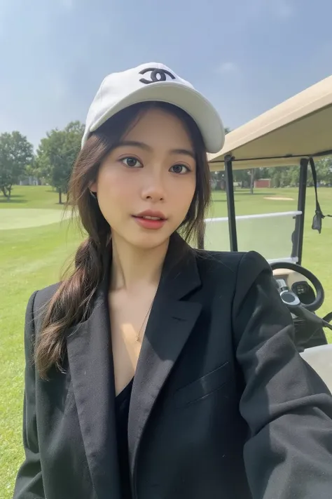 POV selfie. Big . Single ponytail. Wearing long-sleeved golf suit. Wearing Chanel white baseball cap. Standing next to a golf cart on a golf course.