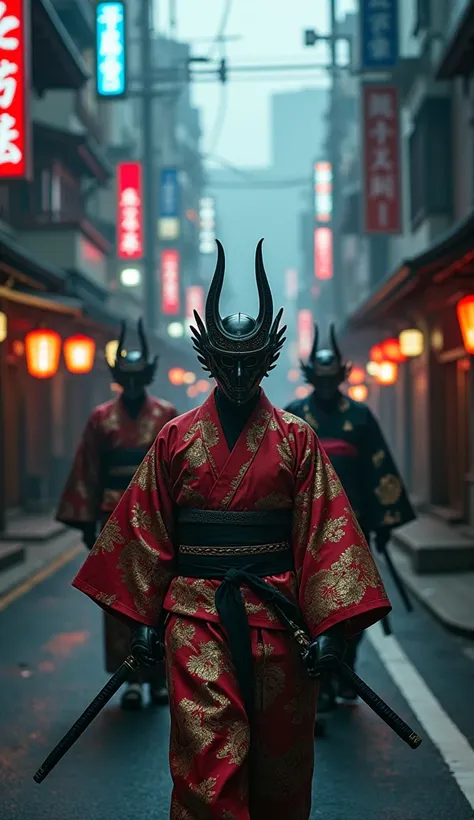 In Tokyo,   Wearing、 kimono under flashing neon lights   ,   Wearing、Ancient temple  . They are kimonos   ,    walking around empty streets and narrow alleys   .    Japanese culture emerging from shadows along with futuristic skyscrapers and traditions {x}...